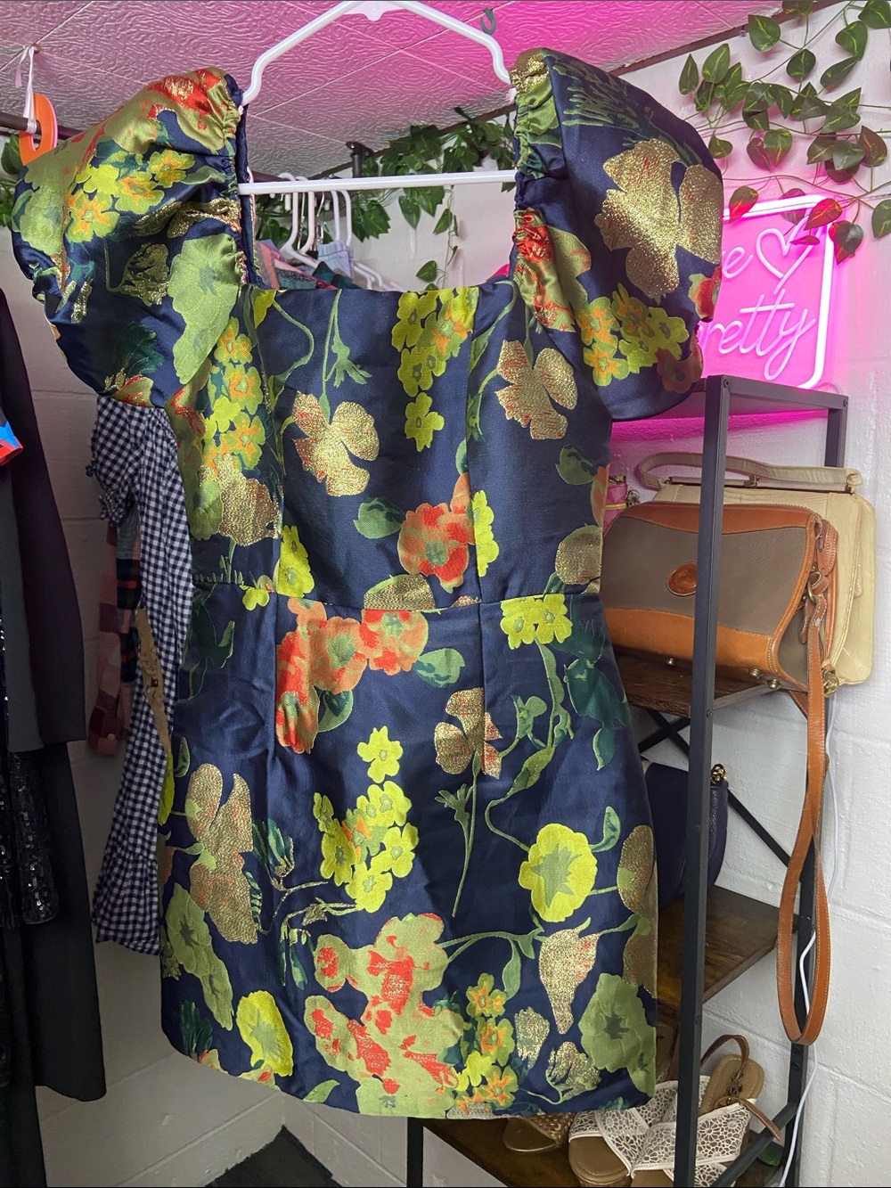 Lulu's Navy Jacquard Floral Mini Dress with Puff Sleeves